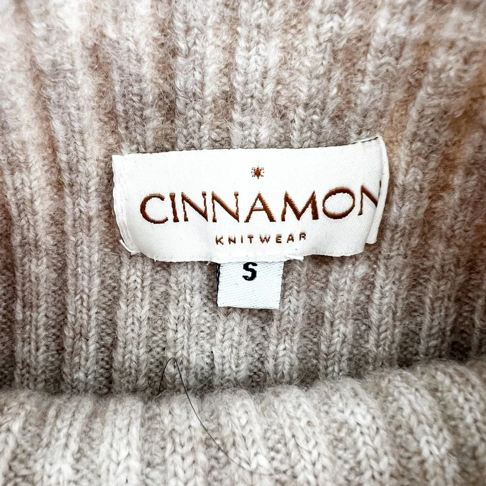 Cinnamon Knitwear Tan Beige Ribbed Mock Neck Lantern Sleeve Wool Blend Sweater S